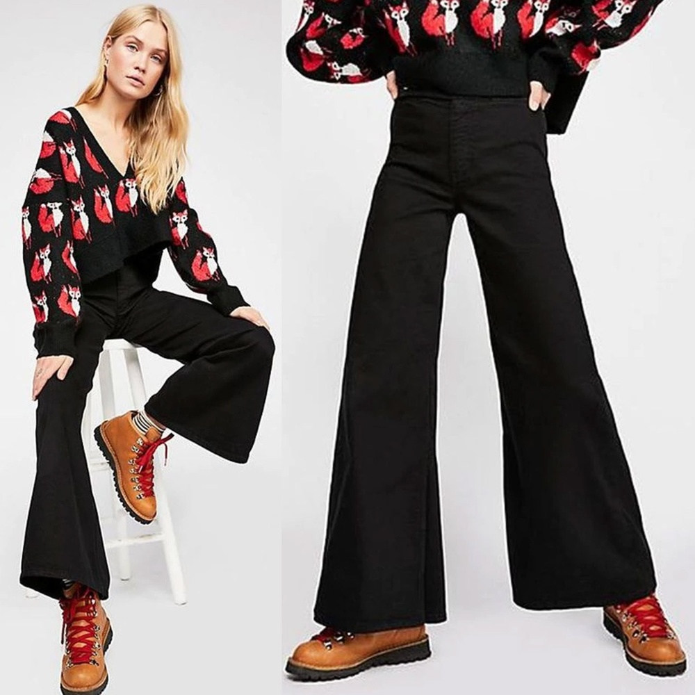 Free People Black Youthquake Wide Bell Bottom Jean